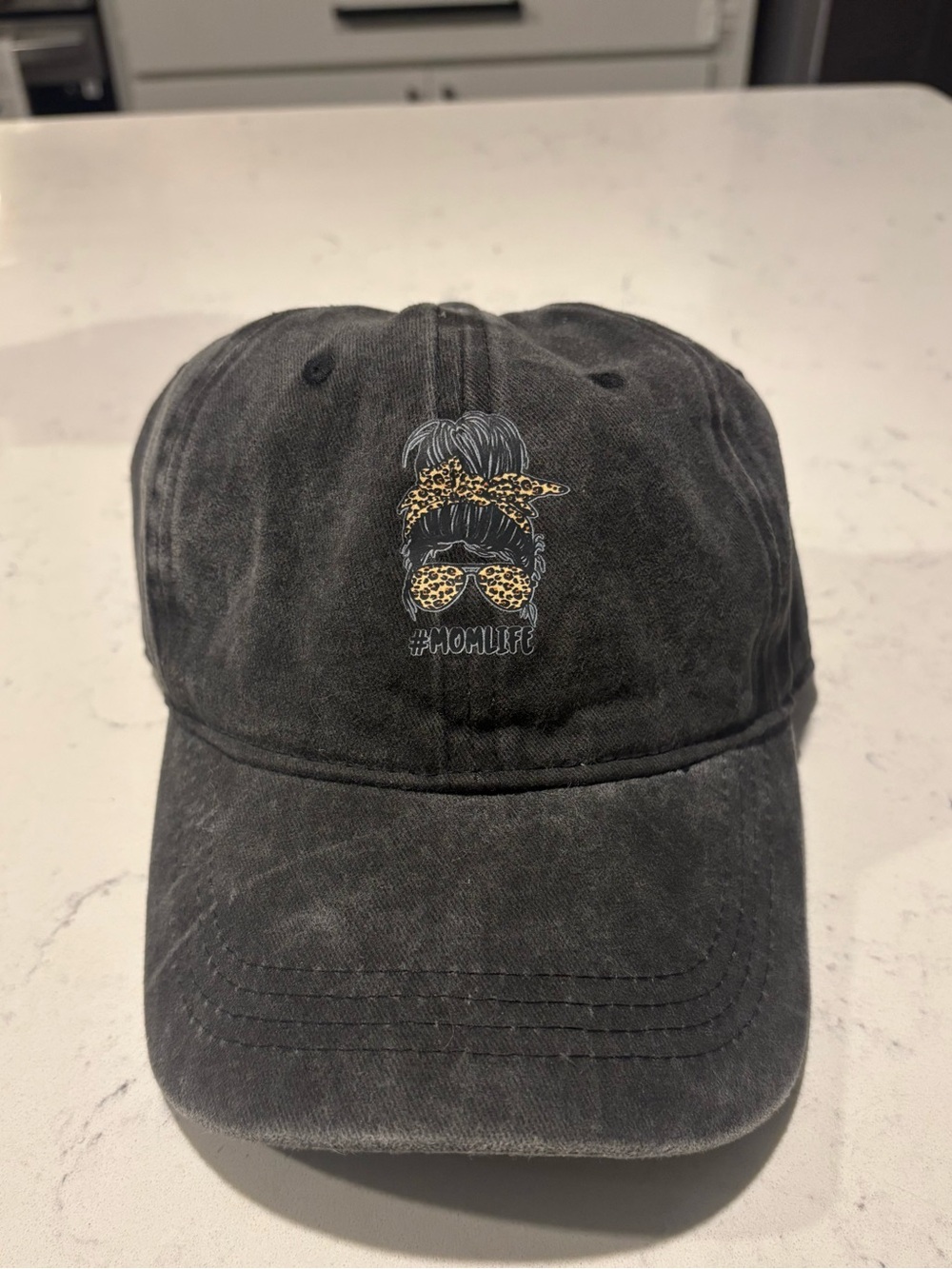 Vintage Black 'Mom Life' Embroidered Baseball Cap with Leopard Accent